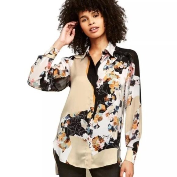 3.1 Phillip Lim Long Sleeve High Low Button Up Shirt, S/P, Tan & Black - Picture 1 of 10
